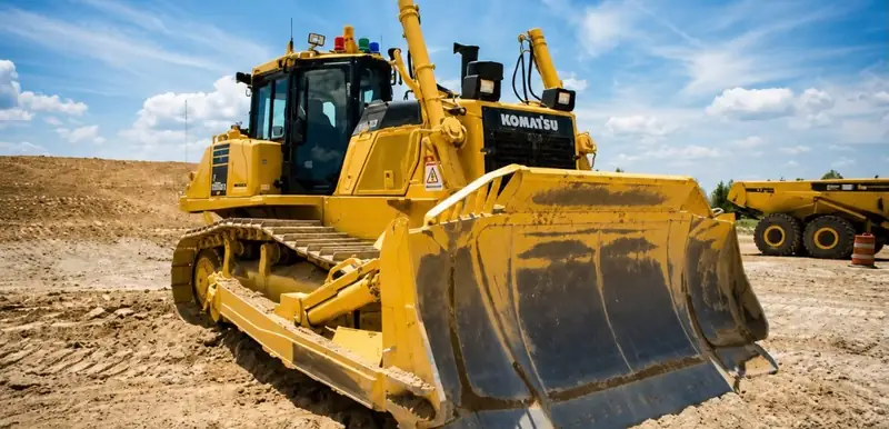 A bulldozer on a cleared earthworks site under a blue sky
