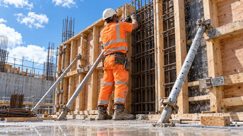 A steel fixer in orange hi-vis working at timber shuttering for a concrete wall