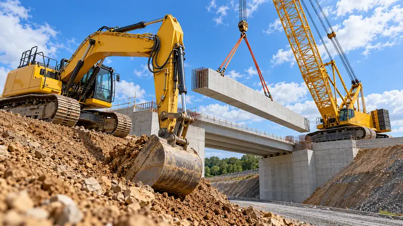 A crawler crane lifting a precast concrete beam onto a new road bridge, with a 360 excavator on the embankment