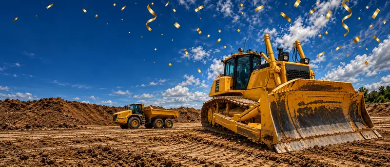 A yellow bulldozer and a dump truck on an earthworks site under a blue sky, with gold confetti falling